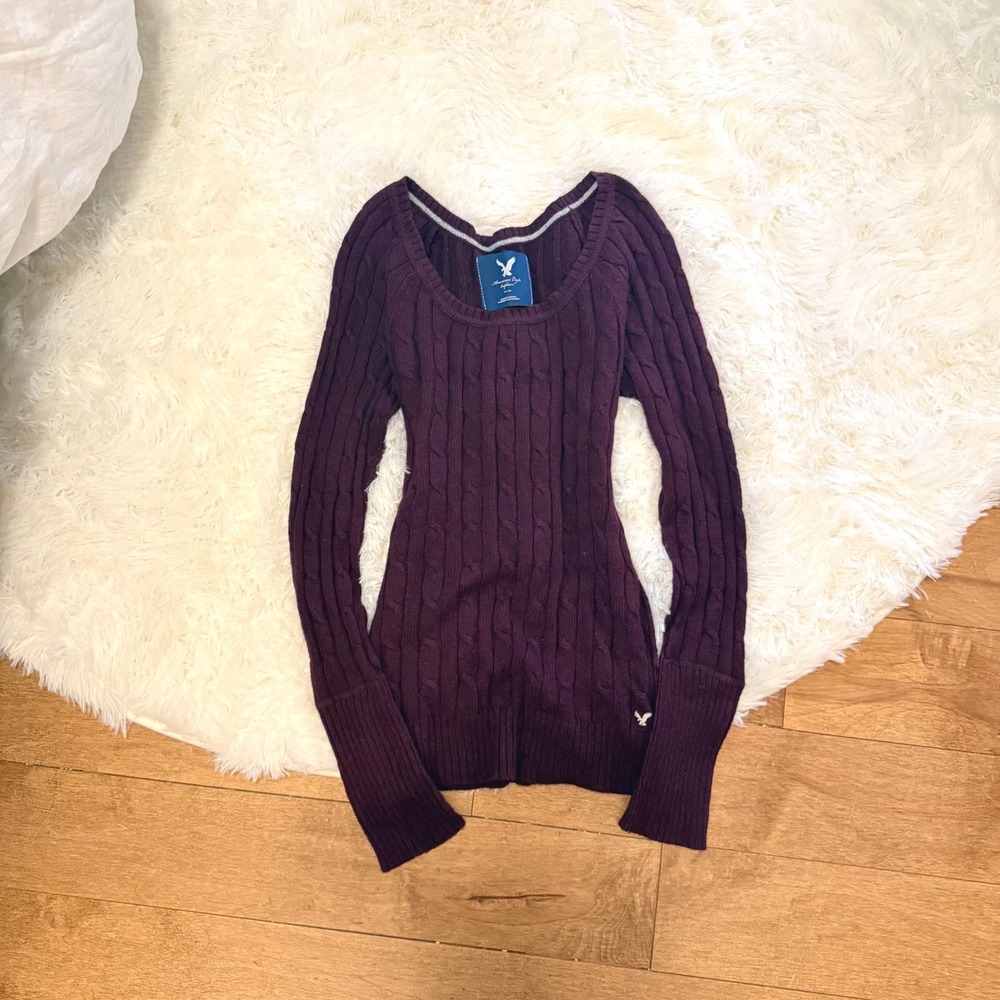 Vintage American Eagle Cable Knit Scoop Neck Sweater Plum Burgundy Womens M Y2K